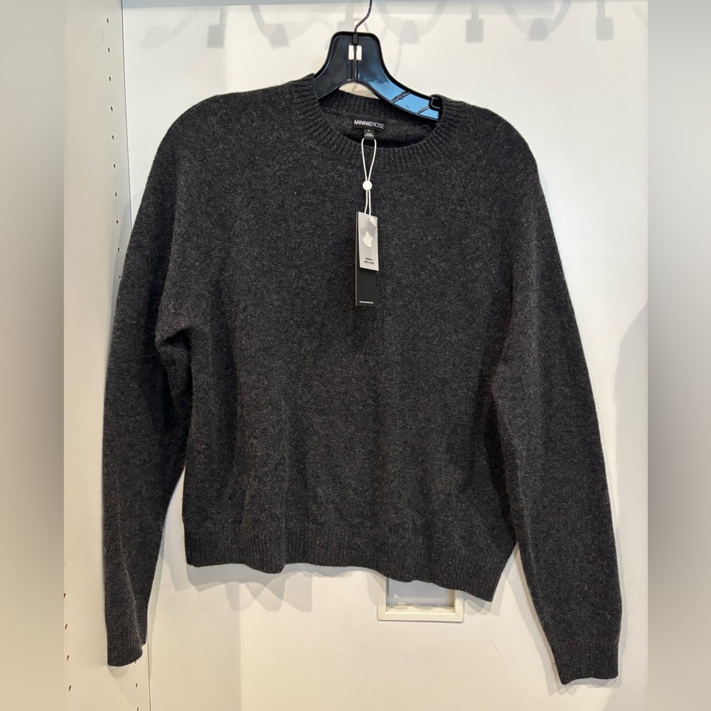 Minnie Rose Heather Charcoal “Shrunken Crew” Crewneck Cashmere Sweater